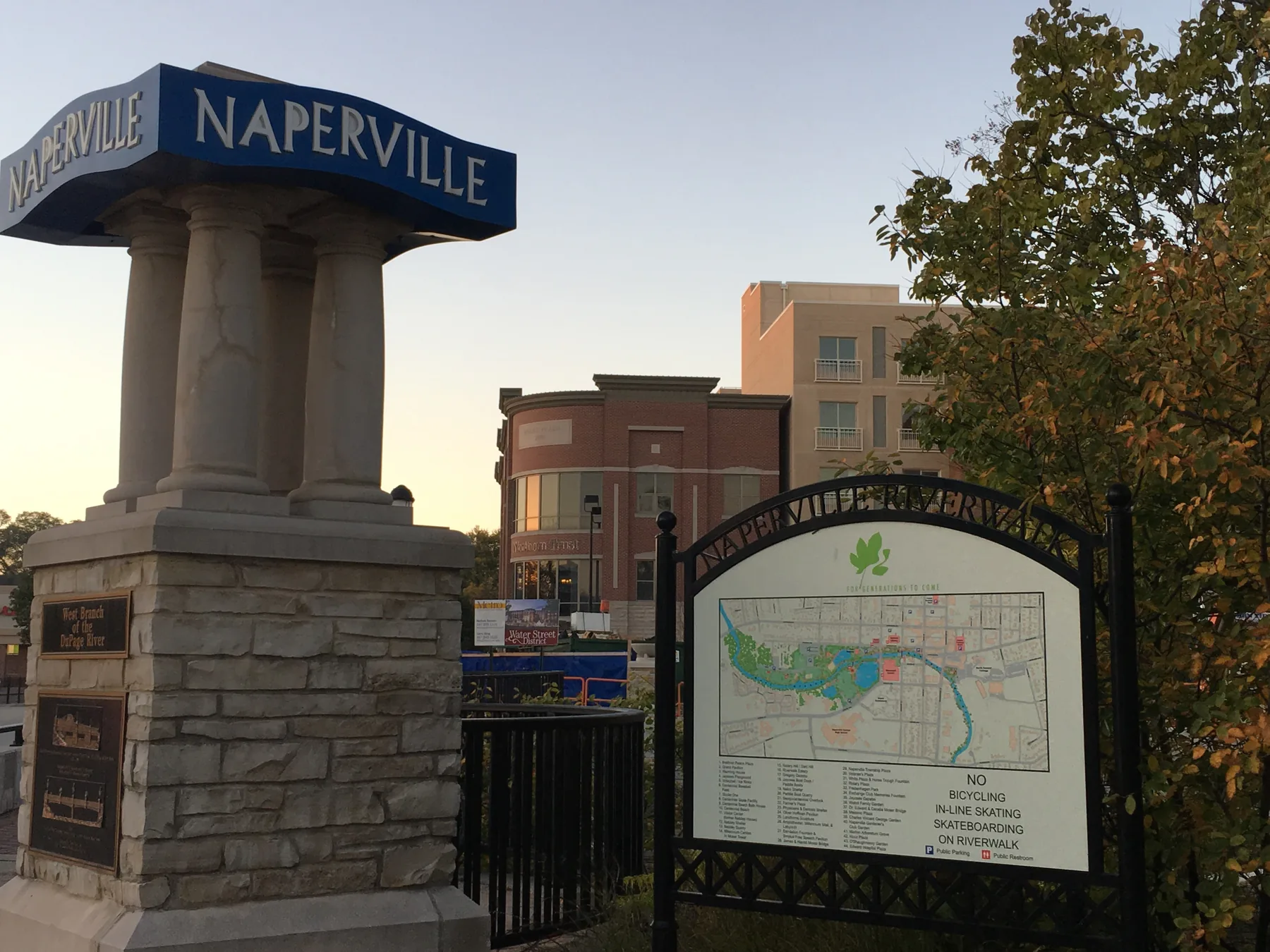 Naperville Riverwalk beside the DuPage River in downtown Naperville